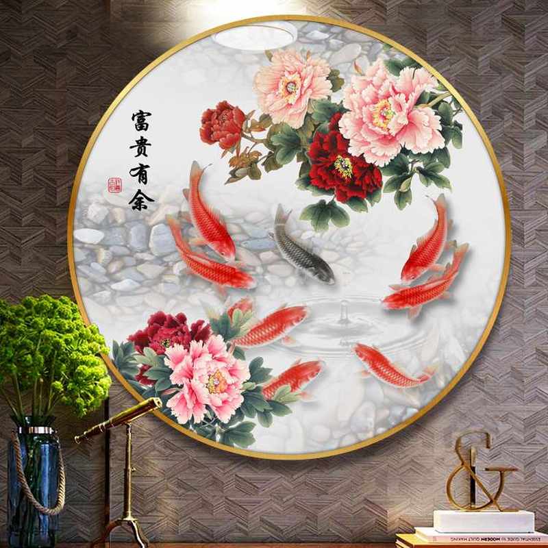 极速牡丹b圆形装饰画九鱼图玄关走廊新中式冰晶画钢化玻璃花开富图片