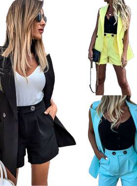 极速Women Two-Pieceo Suit Waistcoat And Shorts Set Solid Col