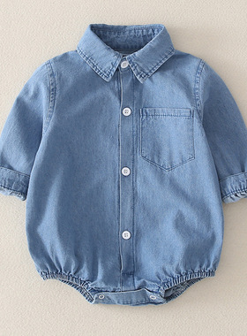 极速inas韩国婴儿牛仔哈衣春秋薄款外穿爬服男女宝宝长袖哈衣6个