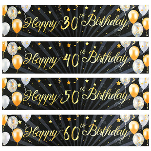 Black Gold Happy Birthday Banner Balloon Flag Adult 30th 40t