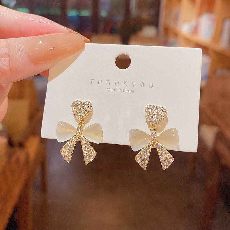 S925银针精致满钻蝴蝶结耳环女轻奢小众高级设计感猫眼石耳钉耳饰