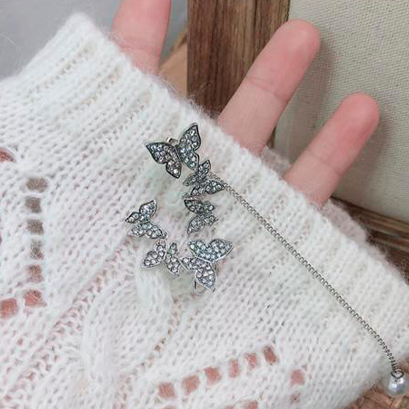 超仙女气质不对称长版流苏耳环蝴蝶耳骨夹耳骨钉复古港风法式耳饰