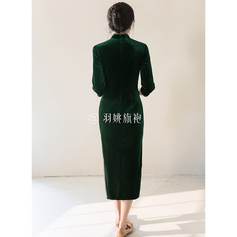 好货老上海复古绿色旗袍女中国风金丝绒刺绣高端优雅大气日常走秀