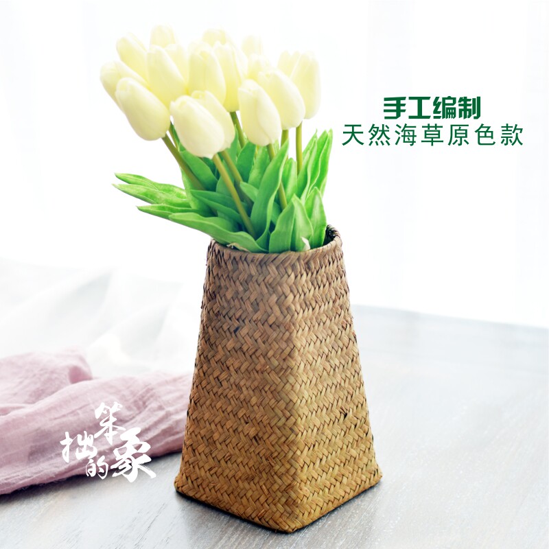 好货海草编花篮子非藤编小编织花盆干花筐桌面花器创意田园柳编插