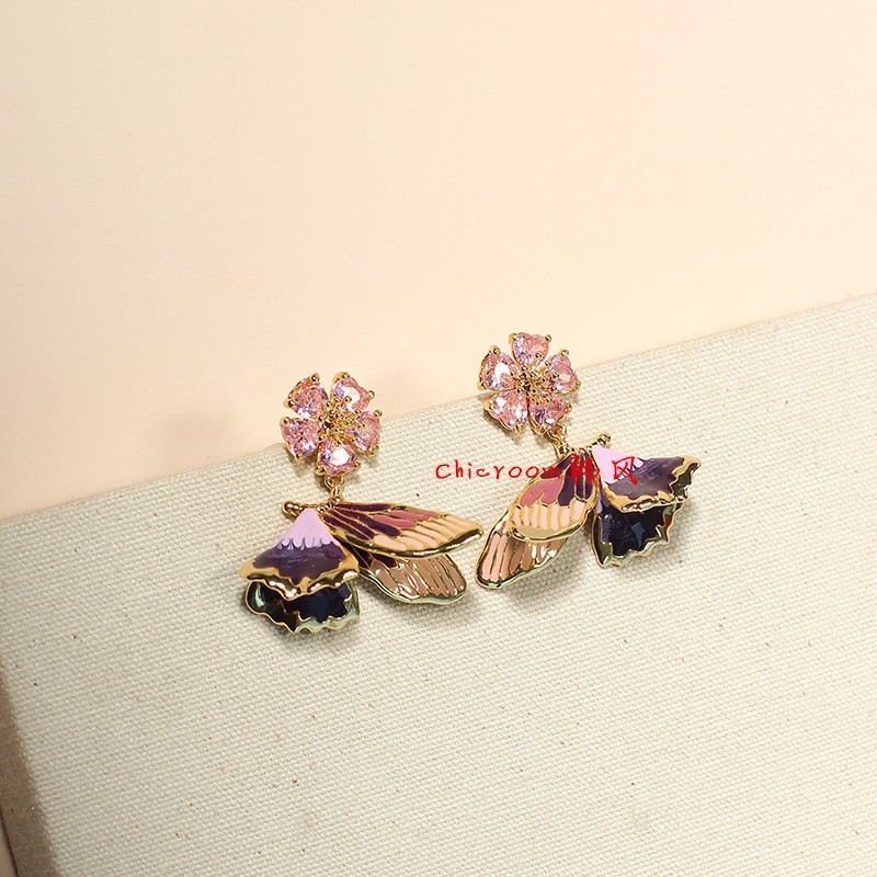 珐琅饰品童趣春夏蝶心系列爱心型花瓣蝴蝶绿叶耳针耳环