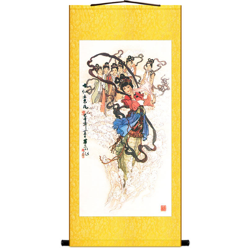 好货七仙女思凡图画像挂画 女神仙神像画丝绸画卷轴画 书房客厅装