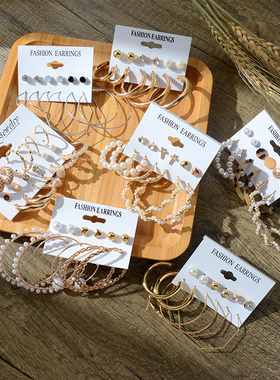 6/9 Pairs Big Hoop Pearl Earring Set Fashion Gold Metal Eari