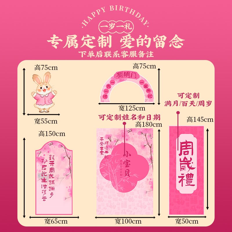 好货兔宝宝一周岁礼生日布置装饰抓周阄宴用品婴儿女孩粉色背景墙