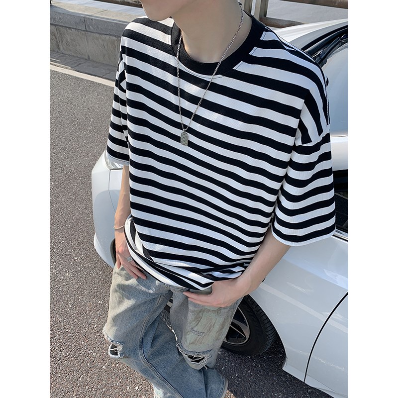 好货基础款黑白条纹短袖t恤男女简约夏季美式宽松休闲半袖bf上衣