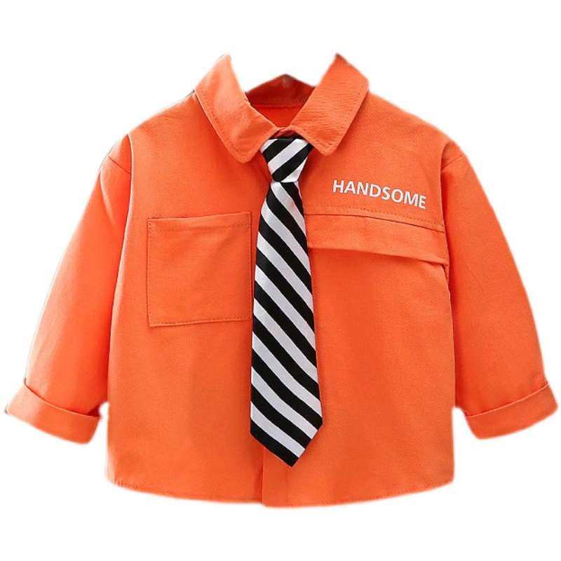 小童领带白色衬衣2023新款男童炸街白衬衫春秋儿童宝宝纯棉上衣潮