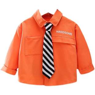 小童领带白色衬衣2023新款男童炸街白衬衫春秋儿童宝宝纯棉上衣潮