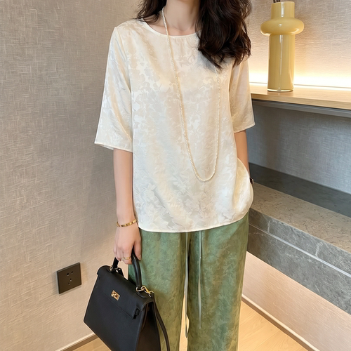 22姆米新中式国风提花短袖T恤女