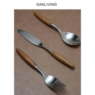 oakliving日式复古304不锈钢西餐餐具套装牛排刀叉实木柄三件套