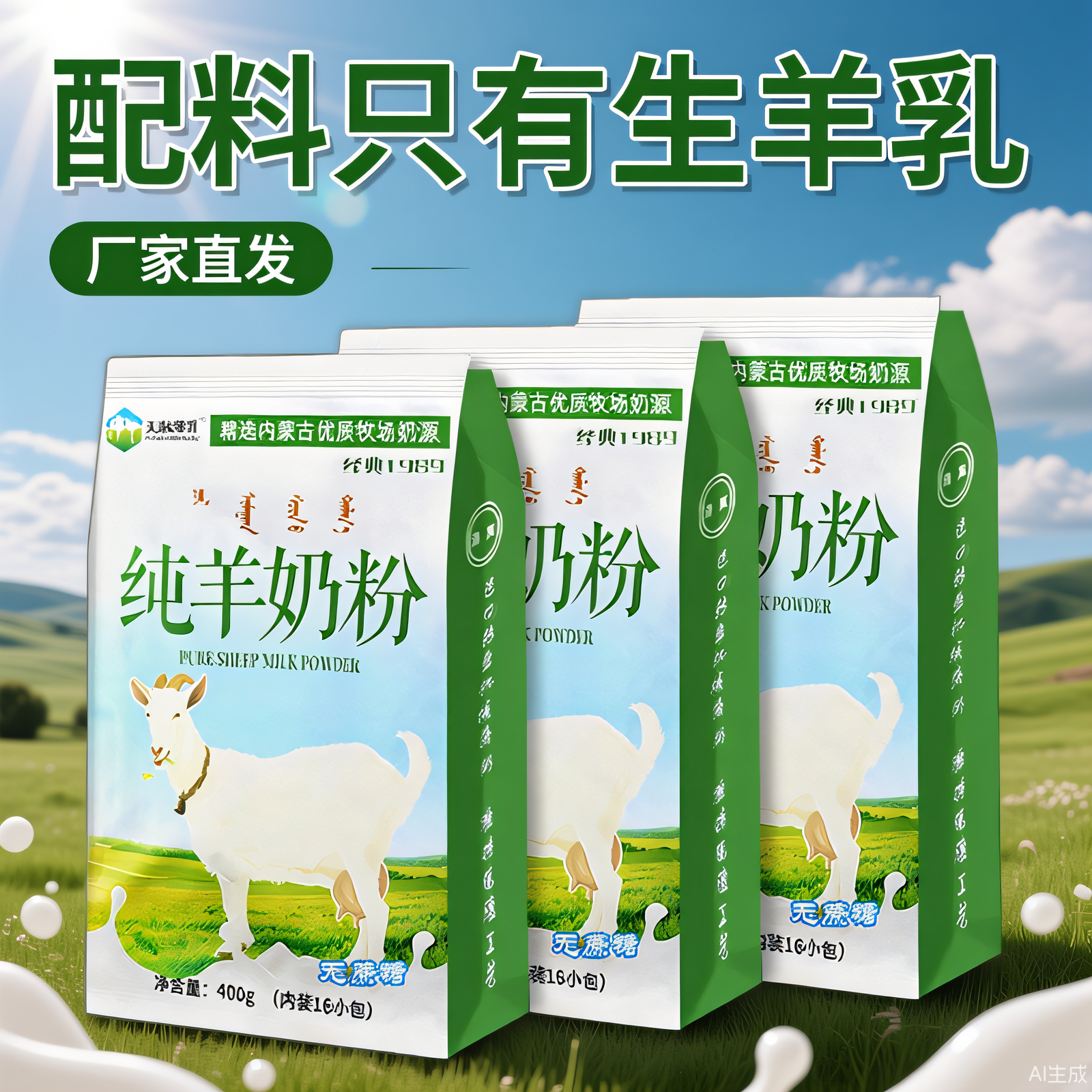 内蒙古纯山羊奶粉400克全脂无蔗糖无添加儿童中老年成人冲饮早餐