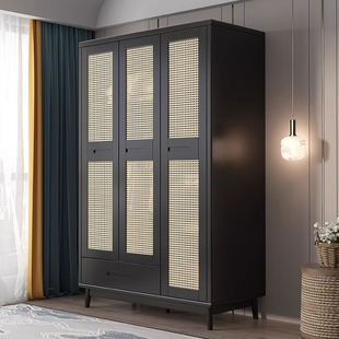实木藤编衣柜中古三门带抽屉衣橱小户型卧室组装日式民宿黑色衣柜