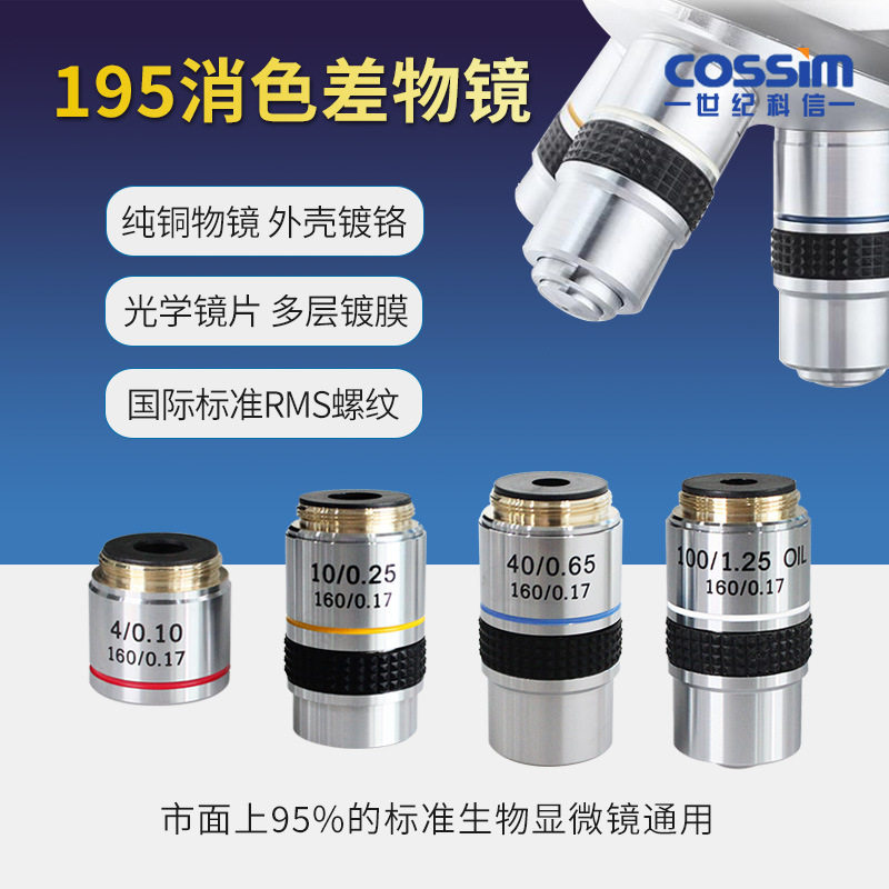 生物显微镜镜头195消色差物镜4x10x40x100x高倍学生全筒标准RMS螺