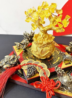 八方来财招财树聚財阵黄水晶树z铜金蟾貔貅聚宝盆客厅门店公司摆