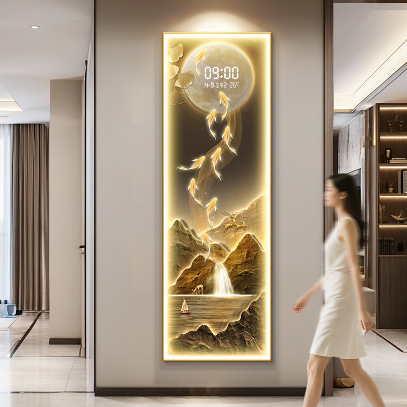 九鱼图玄关装饰画入户正对t门挂画钟表挂钟客厅竖版带灯壁画高级