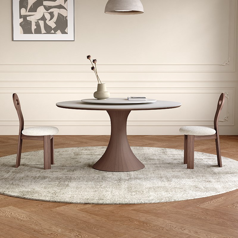 奥古斯特曼妙岩板餐桌现代极简轻奢F高档意式胡桃色圆形实木餐桌