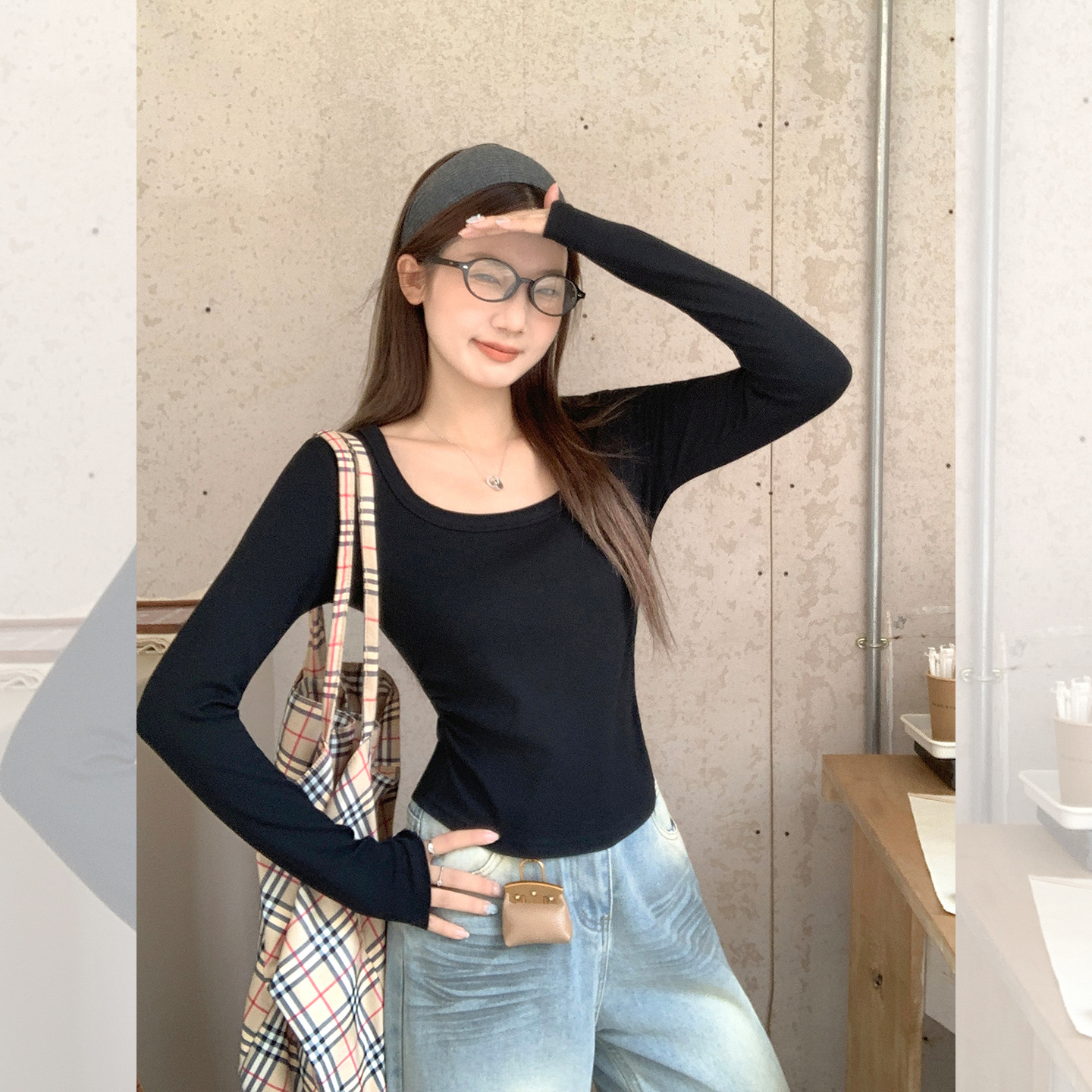 U领螺纹褶皱打底衫女2025新款薄