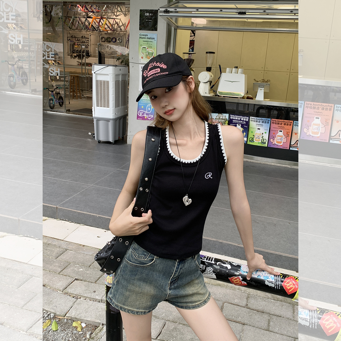 纯棉撞色刺绣吊带背心女夏内搭2025新款圆领洋气微透设计感上衣薄