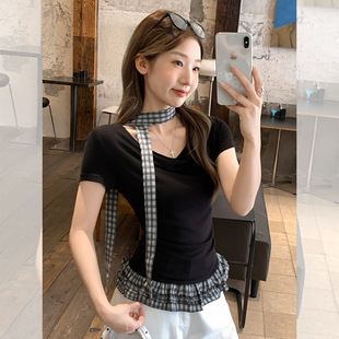 棉麻格子木耳边拼接短袖T恤女设计感弧形下摆正肩荡领露肩上衣薄