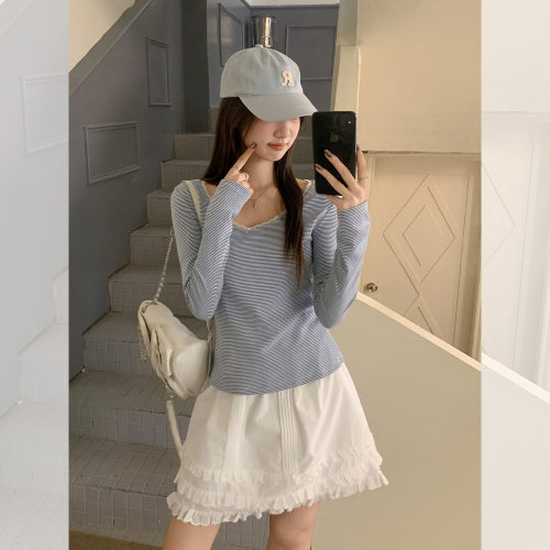纯棉撞色V领蕾丝边打底衫女拼接