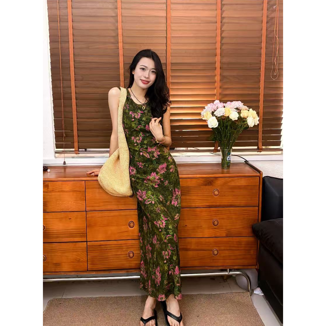 法式碎花宽松气质吊带绵绸连衣裙女2026夏新款人造棉胖mm显瘦睡裙