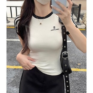 三条扛撞色正肩圆领短袖 上衣夏 t恤女bm辣妹收腰显瘦刺绣白色短款