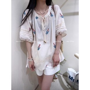 宽松减龄百搭T恤洋气五分袖 女2025新款 圆领设计感短袖 刺绣泡泡袖