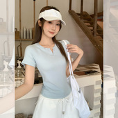 韩系半开领掐腰纯色短袖 T恤女正肩修身 辣妹肌理感显瘦洋气上衣薄