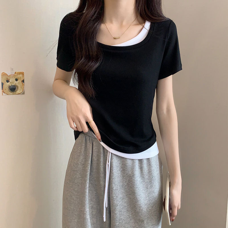 假两件黑色正肩短袖女2025新款