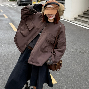 韩系圆领拼接工装棉服外套女2025新款小个子宽松保暖加厚时尚棉衣