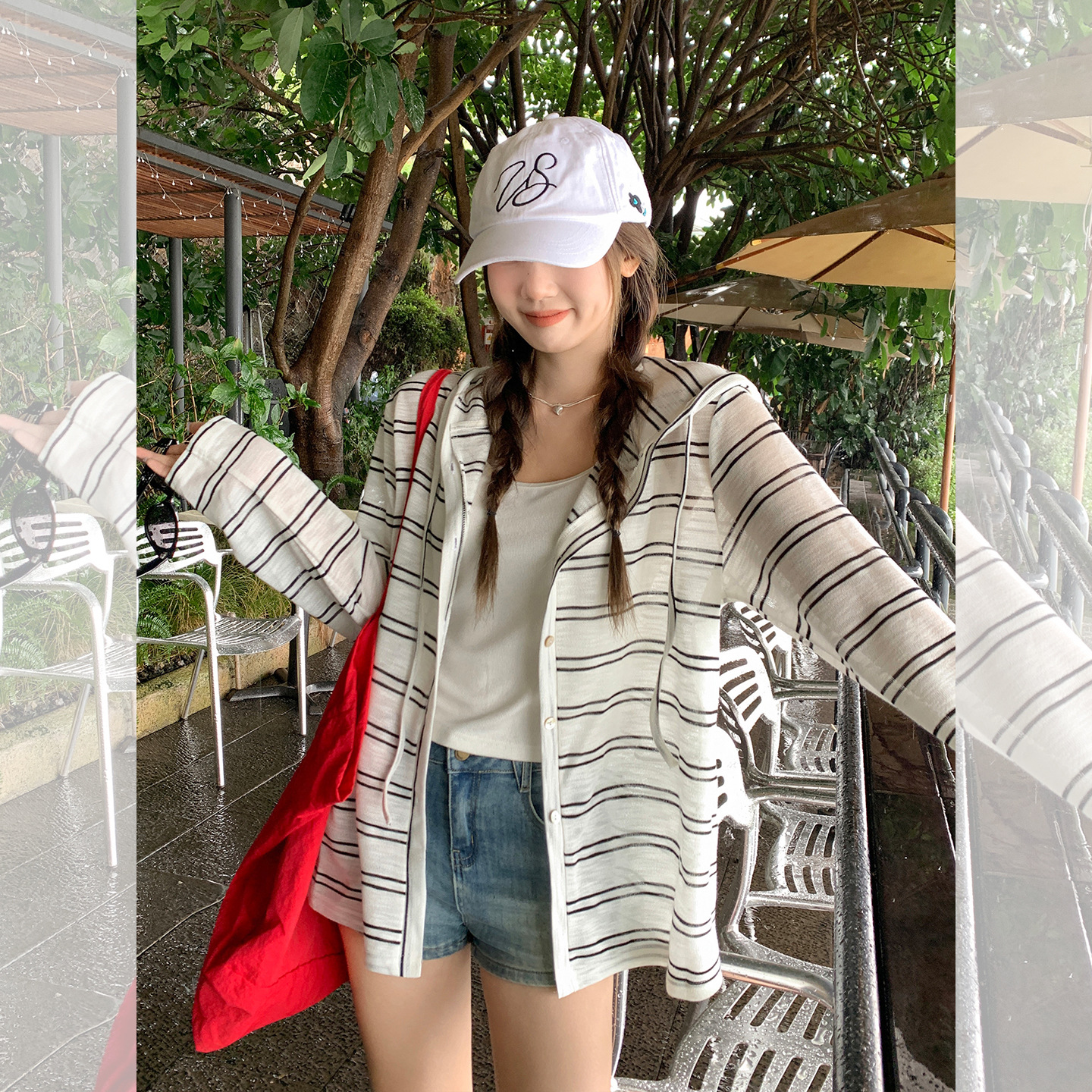 条纹连帽抽绳单排扣长袖开衫女潮