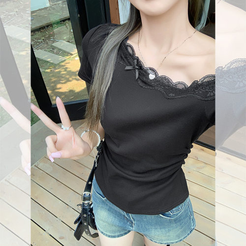 蕾丝拼接圆领短袖t恤女修身显瘦