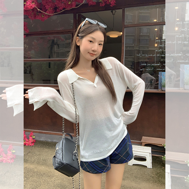 天丝微透防晒罩衫女亚麻薄款翻领夏外穿长袖T恤宽松胖mm显瘦百搭