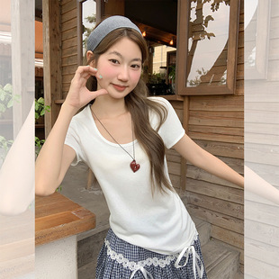 韩系正肩大U领短袖T恤女基础款修身显瘦上衣2025新款独特漂亮气质
