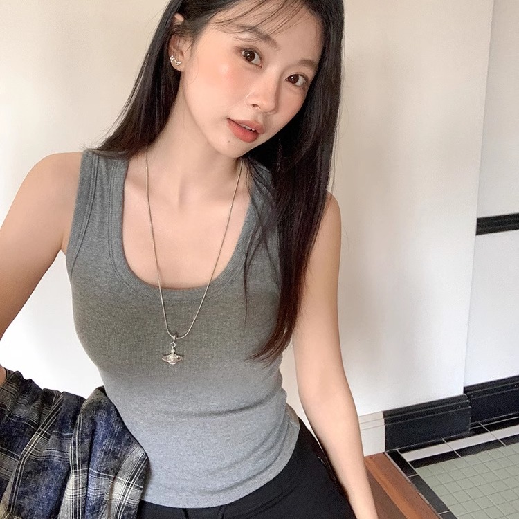U领螺纹宽肩带吊带背心女内搭带胸垫无袖露背设计感镂空修身上衣