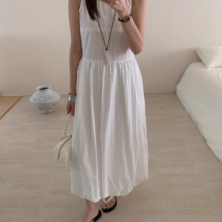 法式高级感花苞背心裙女纯棉慵懒风设计小众无袖中长款外穿连衣裙