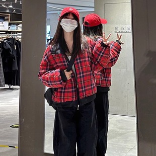 韩系两面穿撞色格纹棉服外套女2025新款小个子宽松加厚保暖棉衣潮