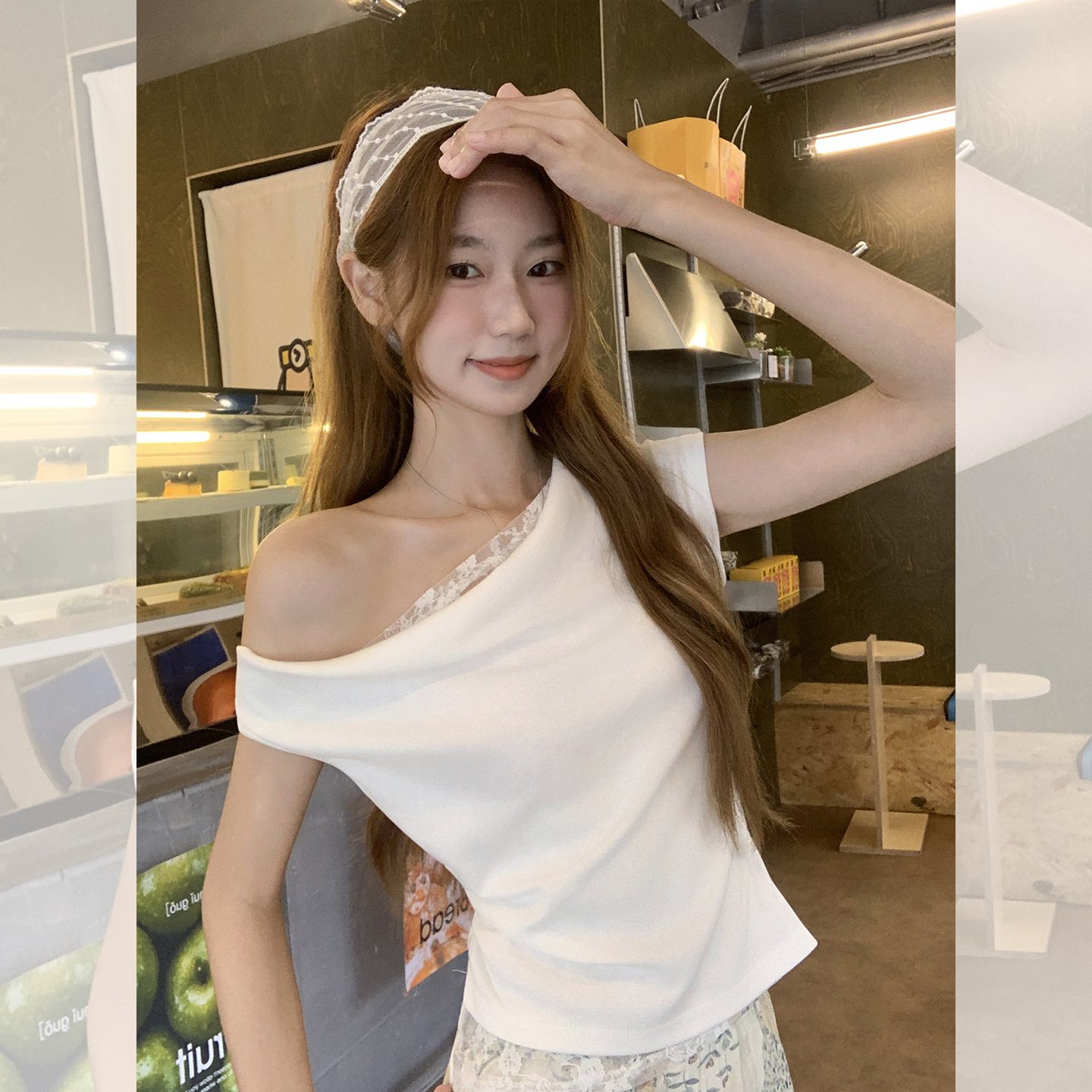 白色纯棉蕾丝斜肩短袖T恤女独特