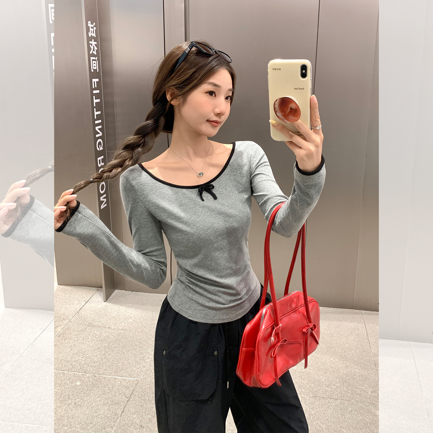 灰色撞色蝴蝶结打底衫女2025新款