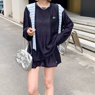 韩系冰丝防晒罩衫T恤时尚套装女宽松休闲短裤巨好看的秋天两件套