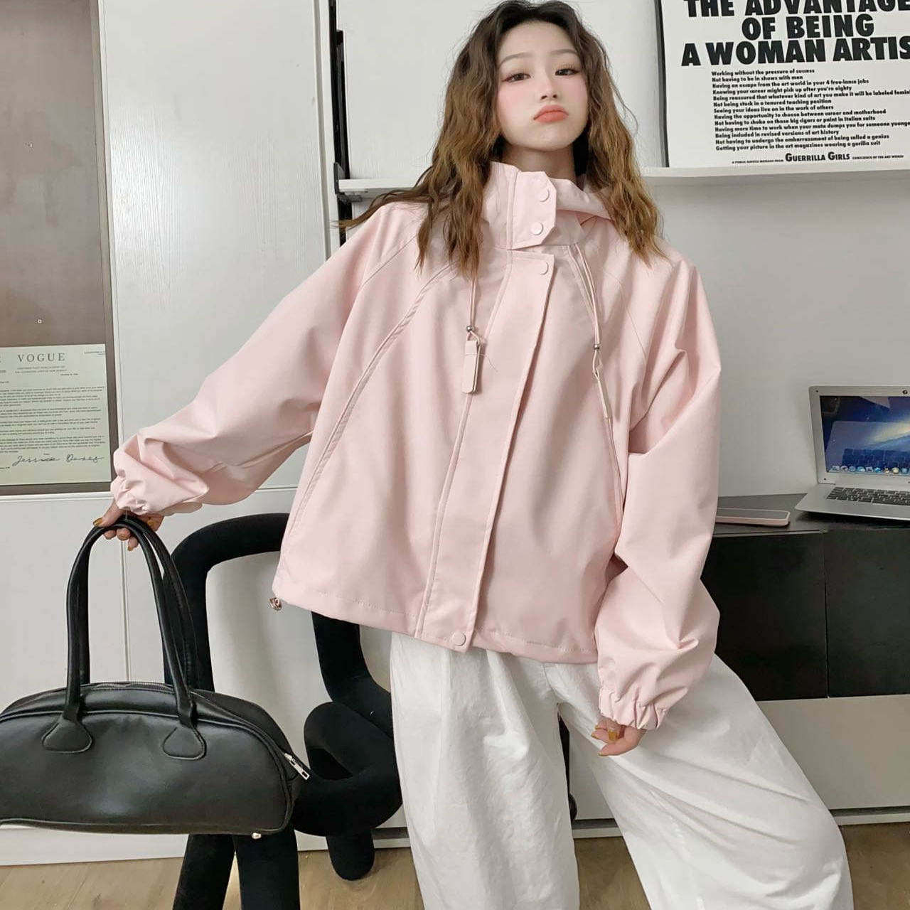 短款休闲连帽冲锋衣外套女2025新款小个子显瘦百搭高级感上衣薄款,女装/女士精品,短外套,淘宝优惠券,粉丝福利购,淘宝优惠卷