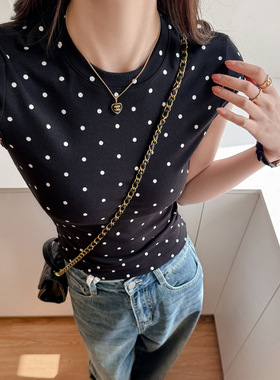 圆领正肩纯棉波点短袖t恤女夏内搭修身显瘦时尚设计感外穿上衣薄