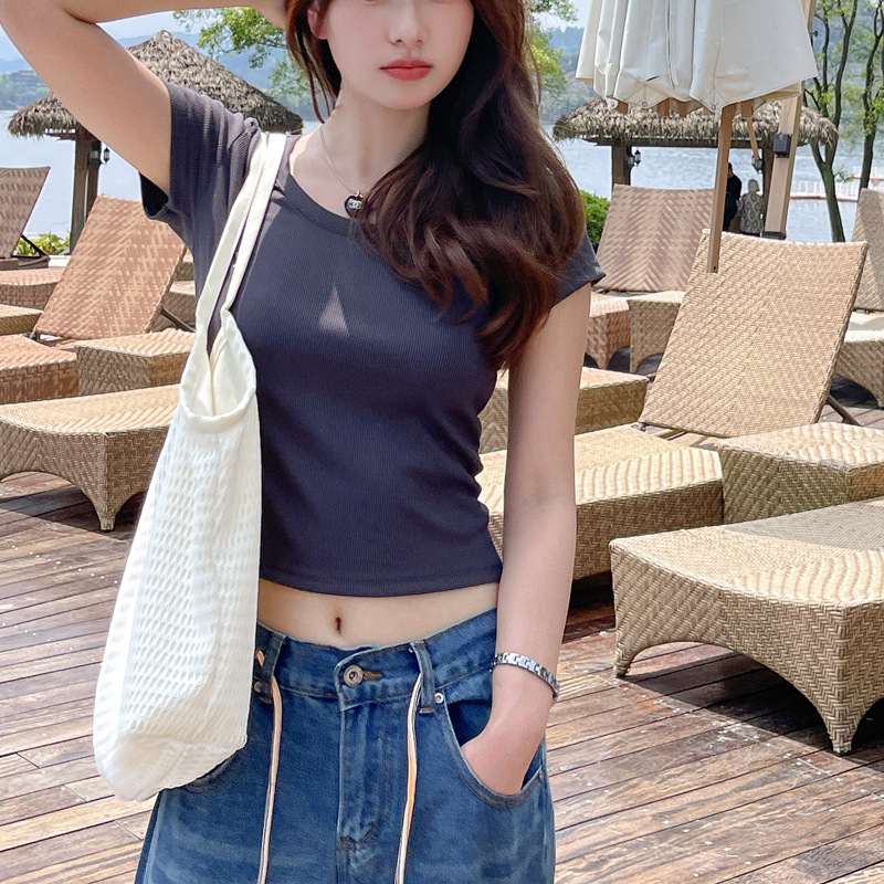 纯棉圆领正肩露脐短袖T恤女夏外穿基础款胖mm大码短款纯色上衣薄