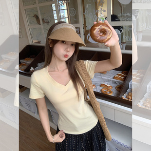 纯棉V领基础款短袖t恤女夏薄款内搭修身正肩洋气减龄修身显瘦上衣