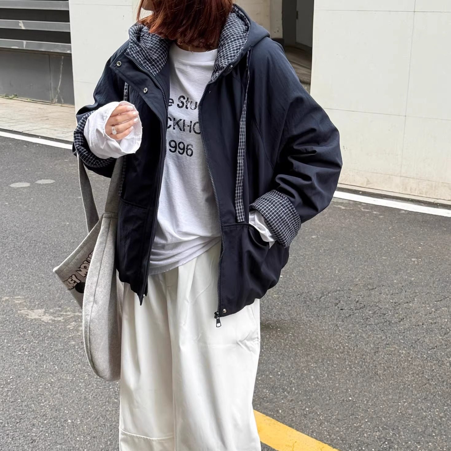 韩版格子拼接派克服外套女2026新款宽松加厚保暖小个子夹棉棉服潮