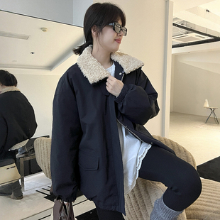 羊羔毛翻领加厚派克服羽绒服女2025秋冬新款宽松保暖洋气棉服外套