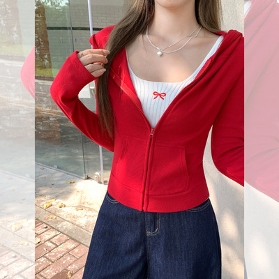 红色连帽卫衣外套女2025新款正肩